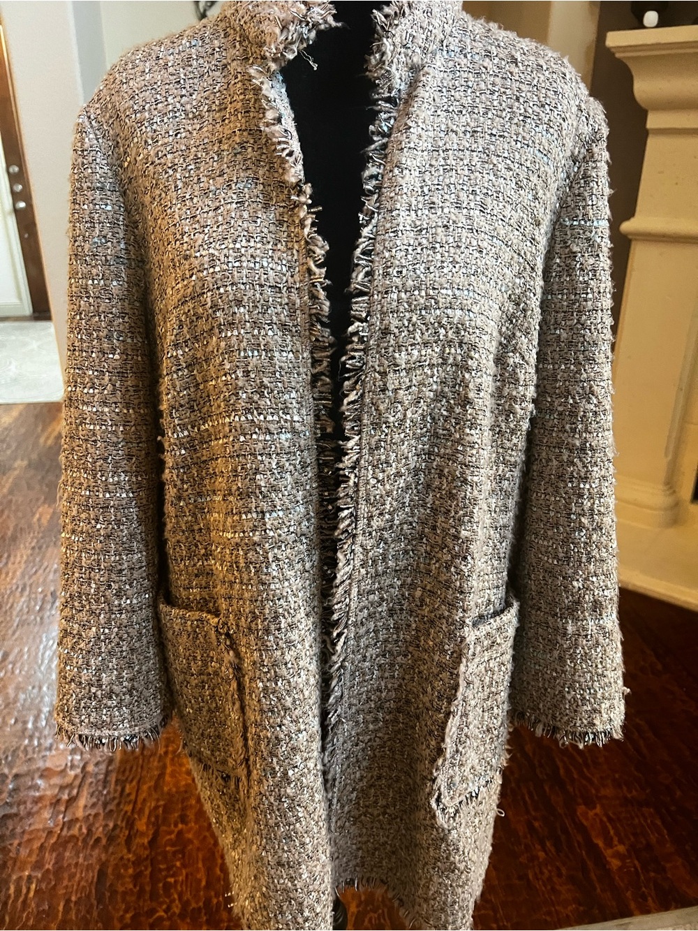 Chico's Neutral Tweed Fringed Open-Front Cardigan Jacket